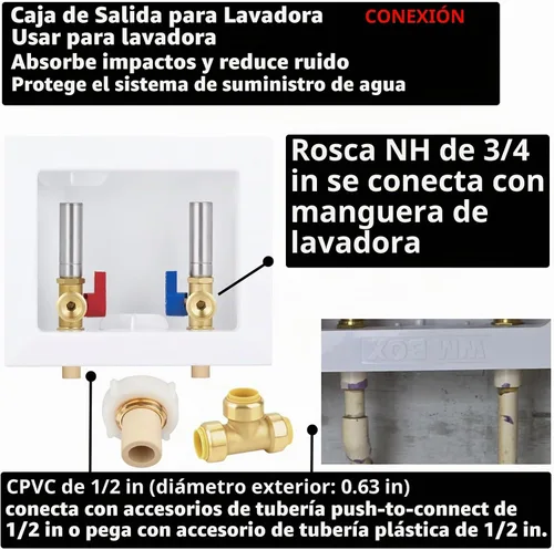 Vista 3 de Caja de salida de lavadora CPVC 1/2 pulgada con pararrayos de martillo de acero inoxidable, entrada 1/2 pulgada CPVC tubería de montaje x salida 3/4