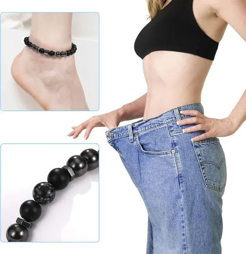 Vista 2 de Emibele Pulsera de desintoxicación linfática delgada para mujer, cuentas de hematita, obsidiana, antihinchazón, estiramiento para aliviar