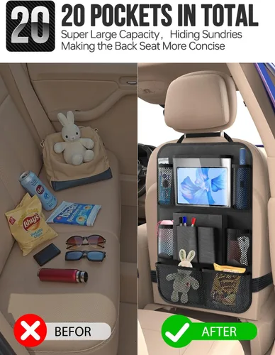 Vista 2 de New Fi Organizador de asiento trasero de automóvil (20 bolsillos de almacenamiento), viene con 1 red de asiento gratuita y 2 ganchos