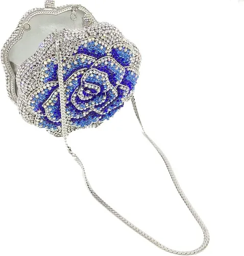 Vista 8 de Boutique De FGG Bolso de mano de cristal rosa para mujer, bolso de noche con flores, para boda, fiesta, graduación, novia, con diamantes