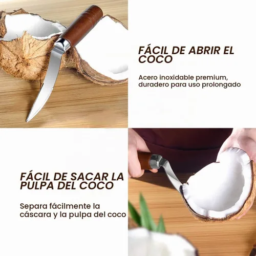 Vista 6 de UPKOCH - Removedor de carne de coco con mango de madera, rascador de acero inoxidable para cocina y hogar, 9.1 x 1.2 in, color marrón oscuro