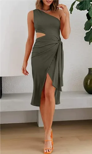 Vista 6 de PRETTYGARDEN Vestido de fiesta sexy de verano para mujer, con un hombro recortado, entallado, con abertura, sin mangas, con lazo en la cintura