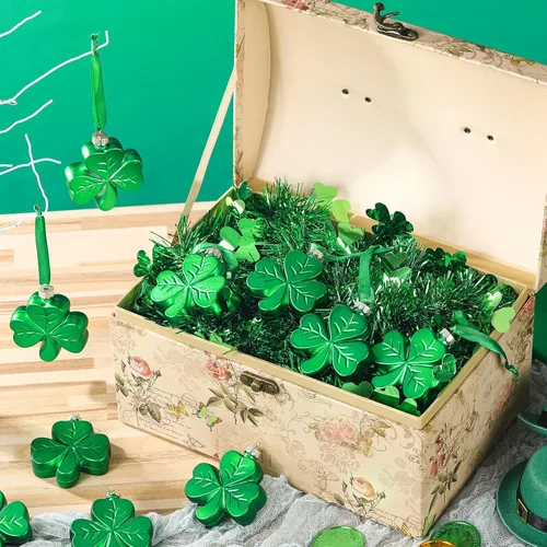 Vista 2 de Aurelema 12 adornos grandes de trébol del día de San Patricio de 2.36 pulgadas para árbol, adornos de trébol verde irlandés, decoraciones