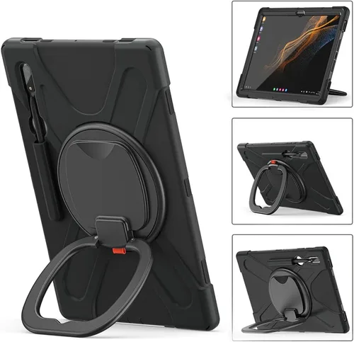 Vista 4 de Funda de rotación 360 para Galaxy S8 Ultra de 14.6 pulgadas, funda resistente con anillo giratorio, correa de transporte para hombro, correa de Negro