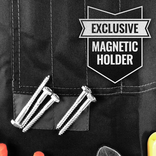 Vista 5 de Delantal para herramientas, soporte magnético para puntas, espalda cruzada, 18 bolsillos, color negro Oxford Canvas, Quick-Release Buckle, Double