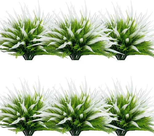 Vista 18 de 8 piezas de plantas falsas para exteriores, resistentes a los rayos UV, plantas de césped alto artificiales, flores tropicales, arbustos, decoración
