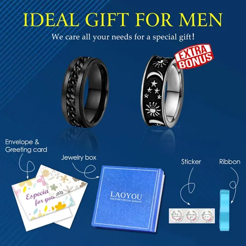 Vista 9 de LAOYOU Anillo giratorio para hombre para alivio de la ansiedad 0.315 in de acero inoxidable negro anillo de ansiedad con incrustaciones de cadena