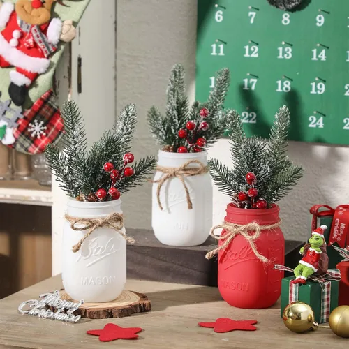 Vista 4 de Frascos Mason de Navidad, Centros de Mesa de Navidad para Mesas, Bandeja de Madera y 3 Frascos Decorativos Pintados, Decoración de Centros de Mesa 2