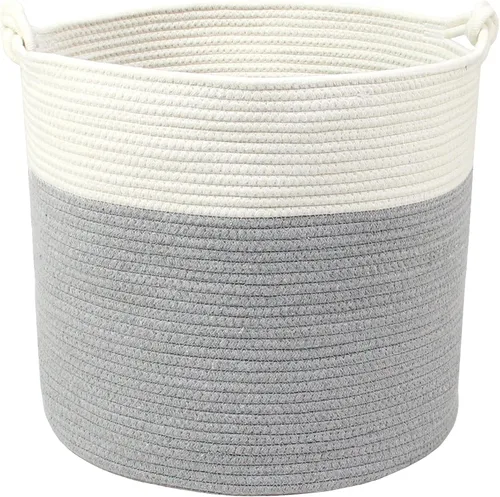 Vista 2 de Casaphoria Cesta de cuerda de algodón tejida con asa para dormitorio, cesta de almacenamiento redonda para baño, canasta grande para manta para sala