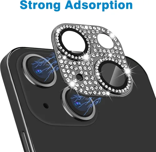 Vista 3 de Protector de lente de cámara para iPhone 13 & iPhone 13 Mini, brillante con diamantes de imitación 3D con purpurina, cubierta de cámara de vidrio