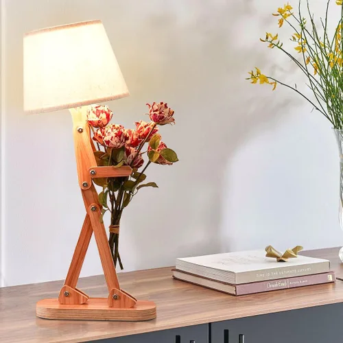 Vista 7 de Bonita lámpara de escritorio, creativa, con brazo oscilante, de madera, para hombre, pantalla redonda, luz de noche, divertida lámpara de niños