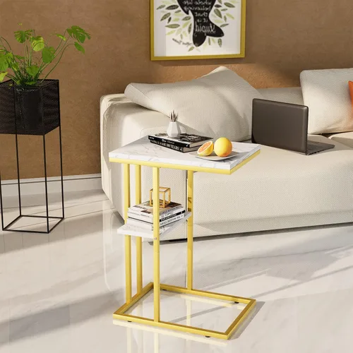 Vista 7 de Easy Paws - Mesa auxiliar en forma de C, mesa lateral pequeña para sofá y cama, mesa de aperitivos dorada para espacios pequeños, sala de estar