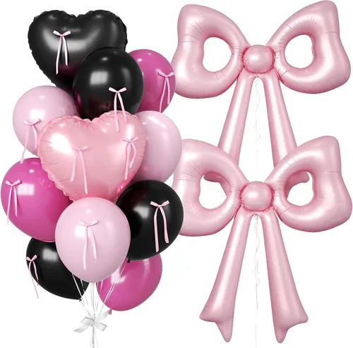 Vista 21 de 16 globos de corazón rosa, globos de lazo de 38 pulgadas, globo transparente rosa perla de doble relleno y arco en forma de corazón globo