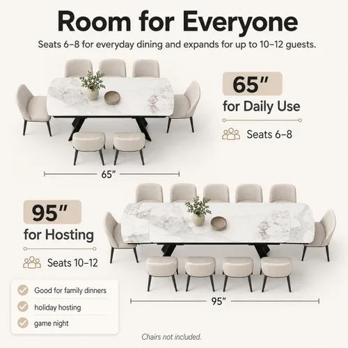 Vista 5 de Honyee Mesa de comedor de piedra sinterizada, mesa de comedor extensible con hojas, parte superior rectangular de aspecto de mármol, asientos 6-12