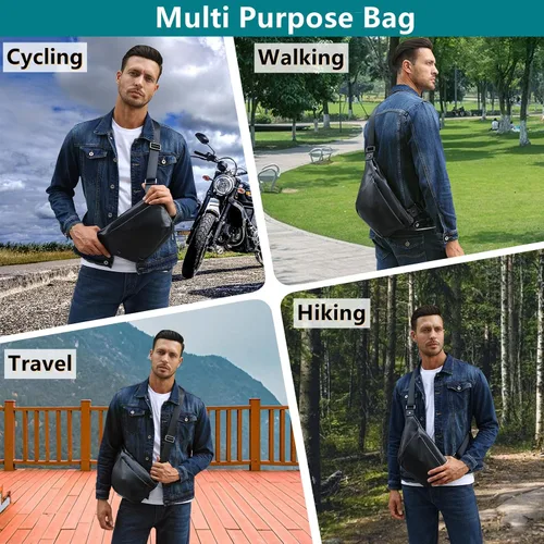 Vista 3 de Masa Kawa Mochila bandolera de cuero para hombres y mujeres de 7.9 pulgadas, bolsa de pecho ultra fina para ciclismo, senderismo, viajes, mochila