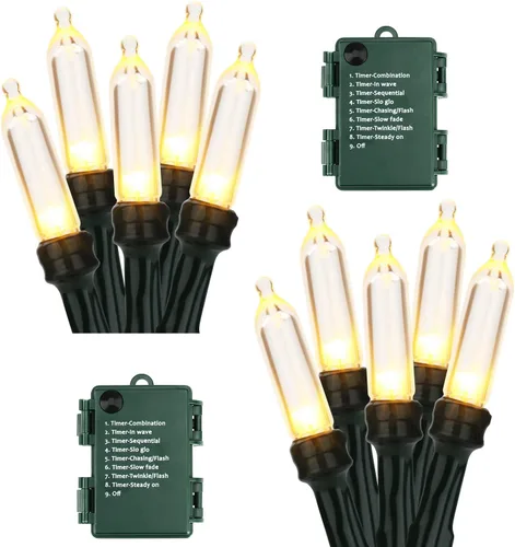 Vista 11 de BrizLabs Luces de Navidad multicolor, paquete de 2 tiras de 50 luces LED de Navidad de 17.94 pies, luz de árbol de Navidad con batería