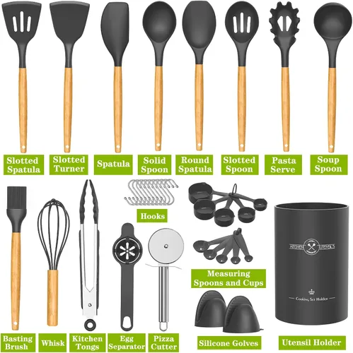 Vista 2 de Umite Chef 36 utensilios de cocina de silicona con soporte, juegos de utensilios de cocina resistentes al calor, mango de madera, utensilios de Gris