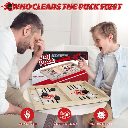 Vista 5 de Juego de disco de cabestrillo rápido grande clásico, juegos de mesa de hockey de madera para la noche familiar, juego de mesa para adultos y niños