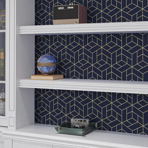 Vista 4 de VaryPaper Papel tapiz geométrico hexagonal azul marino de 17.7 x 78.7 pulgadas, para pegar y despegar, papel de contacto geométrico decorativo
