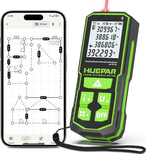 Vista 12 de Huepar - Herramienta de medición láser Bluetooth de 200 pies S60-BT, control de aplicación, medidor de distancia láser USB-C recargable, ± 1/16