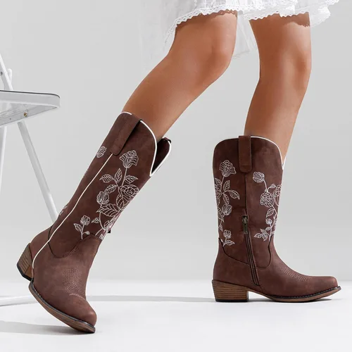 Vista 7 de Jeossy Botas vaqueras a media pantorrilla con bordado de flores, tacón bajo, botas vaqueras occidentales 9807 para mujer