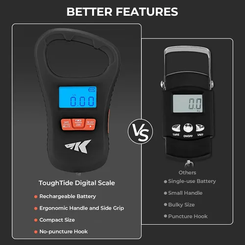 Vista 2 de KastKing ToughTide - Báscula de pesca con carga USB, capacidad de 65 libras, báscula digital ultrafina, pantalla LCD, mango ergonómico, básculas