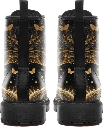 Vista 5 de Botas de Combate Florales de Setas para Mujer - Botas Góticas de Bosque Witchcore Tacón Grueso Cuero Vegano Moda con Cordones Botines Negros