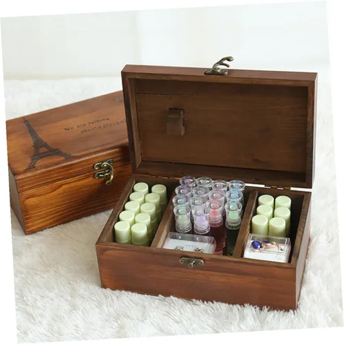 Vista 6 de VOSAREA Caja de costura de madera de arte retro caja de costura extra grande Scissor Thread Storage