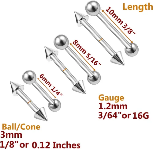 Vista 2 de MATIGA 6 piezas de acero quirúrgico 0.236 in 0.315 in 0.394 in barra piercing joyería ceja Daith cartílago Tragus Rook 0.118 in bola cono más