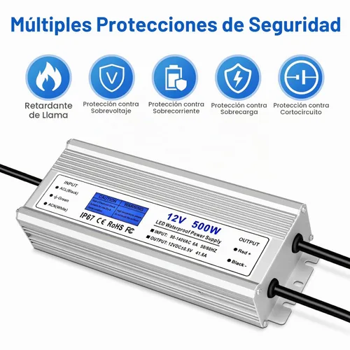 Vista 3 de Controlador LED de 500 W, fuente de alimentación impermeable IP67 de 12 V, CA 90-140 V a CC 12 V 41.6 A transformador de bajo voltaje con enchufe