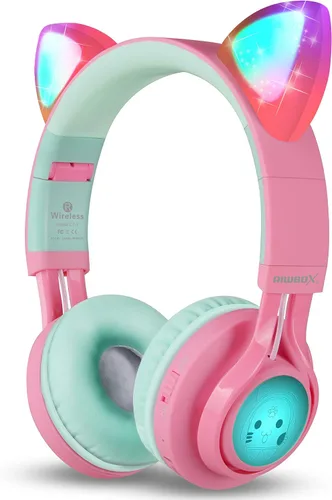 Vista 6 de Riwbox CT-7 - Auriculares Bluetooth de oreja de gato, con luz LED, inalámbricos, con micrófono y control de volumen para viajes, escuela, Azul