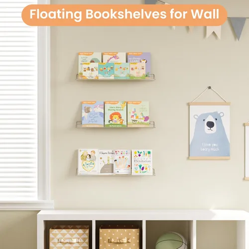 Vista 4 de upsimples Paquete de 2 estantes acrílicos de 23.6 x 5.5 pulgadas para almacenamiento en la pared, estantes flotantes de libros para niños