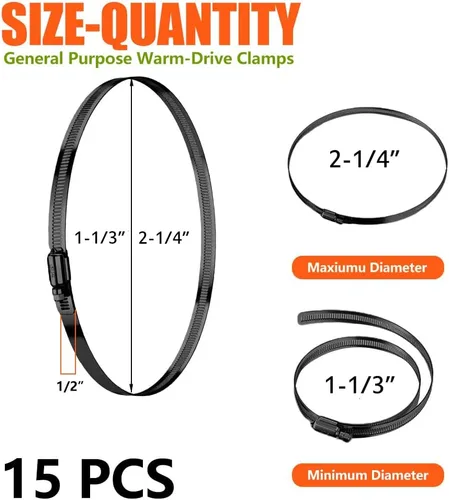 Vista 2 de BOTTEN 15 piezas Abrazadera de manguera negra, 1-1/3" - 2-1/4" (33-57mm) Abrazaderas de manguera de acero inoxidable 304, juego de surtido