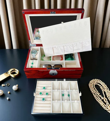 Vista 3 de Joyero de madera con cerradura de huellas dactilares, caja de almacenamiento y organizador para mujeres, con colgador de collar y espejo