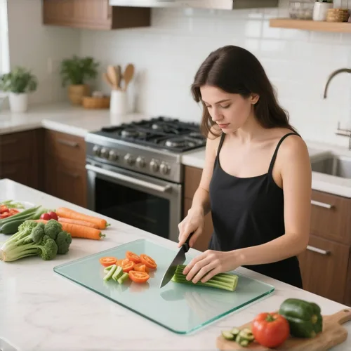 Vista 2 de LANGBOHOS Tablas de cortar de vidrio templado para cocina, tabla de cortar transparente para encimera, tabla de cortar antideslizante, protección
