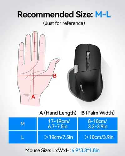 Vista 4 de TECKNET Ratón Inalámbrico, Ratón Bluetooth (BT5.0/5.0 & 2.4G) Ratón Óptico Ergonómico Recargable 4800 DPI con 6 Ajustables, Clics Silenciosos, Negro