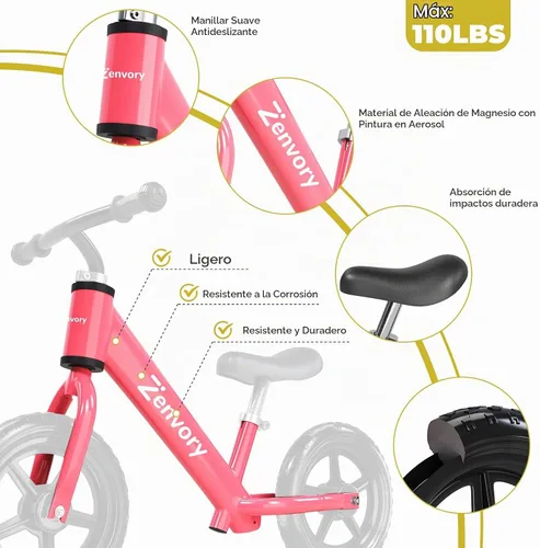 Vista 5 de Toddler Balance Bike Age 2-5, 12 Inches, Tool-Free Adjustable Rosa intenso