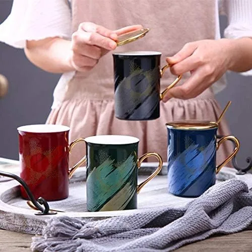 Vista 3 de Taza de café de cerámica. Diseño novedoso y moderno con mango dorado y taza de colores brillantes. Taza de té para vajilla de cocina y desayuno Negro
