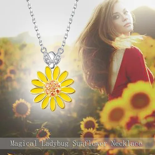 Vista 5 de oGoodsunj Juego de joyas de plata de ley 925 con diseño de mariquita, margarita, hojas, collar, aretes, anillos, colgantes, tobillera, S925