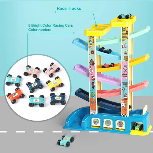 Vista 8 de Juguete deslizante para niños pequeños, pista de carreras con 6 rampas y 8 mini autos, juguetes de carreras de zig zag Slide regalos para niños