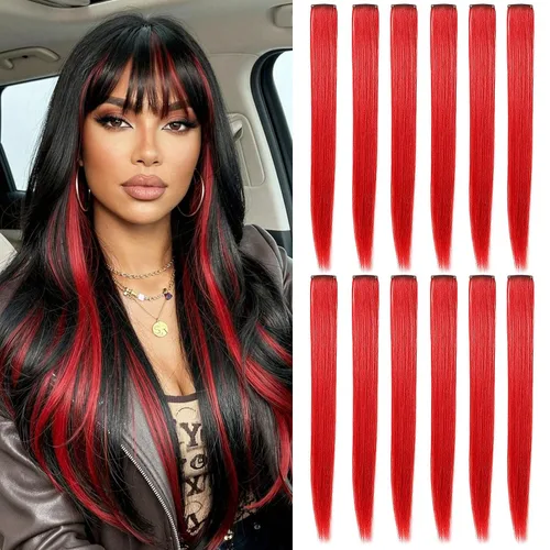 Vista 15 de 12 extensiones de cabello de colores rectas de 20 pulgadas, extensiones de cabello sintético con clip, color arcoíris, con reflejos, para fiesta