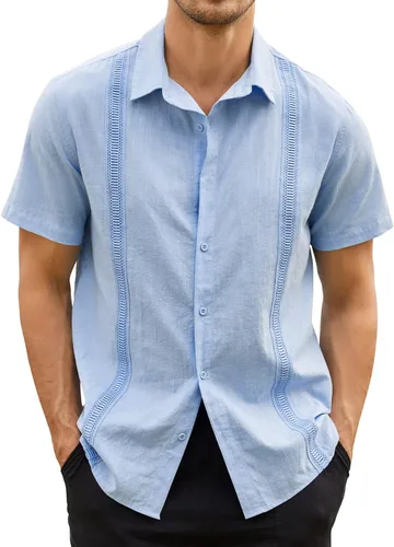 Vista 2 de Hestenve Guayabera - Camisas casuales de lino y algodón con botones de manga corta para hombre, camisa hawaiana cubana de verano, playa, trabajo