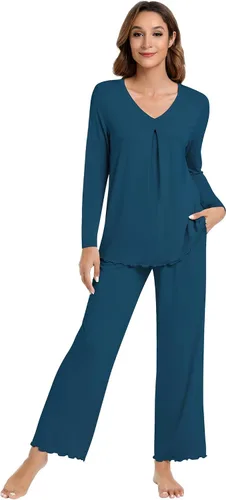 Vista 8 de NACHILA Women's Pajamas Set-Viscose Made from Bamboo, Long Sleeve Sleepwear Top with Pants Comfy Pajama Soft 2 Piece Pjs B-aqua Green