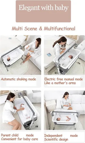 Vista 3 de Cuna eléctrica inteligente con Bluetooth para bebé, cuna de noche para bebé, cuna plegable convertible con control remoto, música, 5 engranajes