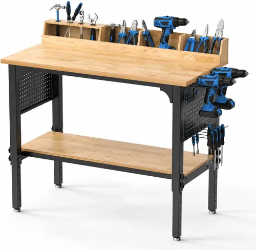 Vista 12 de Banco de trabajo resistente de 48 x 24 pulgadas con tablero de clavijas y luz LED, capacidad de carga de 1350 libras, regleta con puertos USB