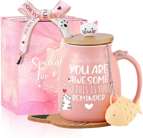 Vista 9 de BigNoseDeer Lindas tazas Kawaii de gato, taza de café de cerámica con infusor y tapa, cuchara, taza de té, regalos lindos y geniales para mujeres