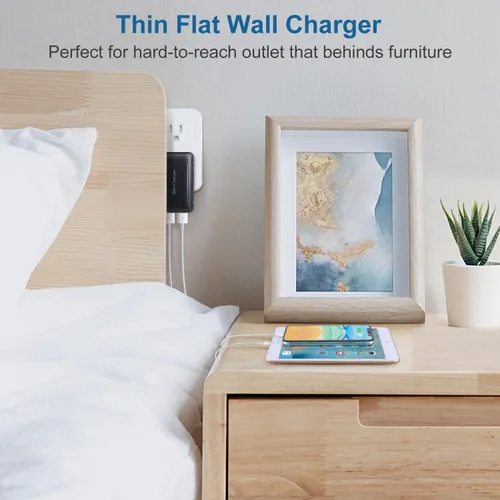 Vista 2 de Cargador de Pared USB Dual Plano, OKRAY Bloque de Carga Rápida 5v/3a con Enchufe Plegable, Adaptador de Cargador de Teléfono Extra-Delgado de 2