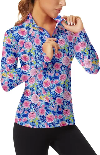 Vista 25 de WOWENY - Camiseta de manga larga con cremallera de 1/4 para mujer, con cuello, para hacer deporte, con estampado, para tenis Hoja multicolor.