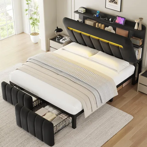 Vista 17 de Jocoevol Base de cama individual con cabecera de almacenamiento para niños, marco de cama tapizado blanco tamaño individual con cajones de Beige