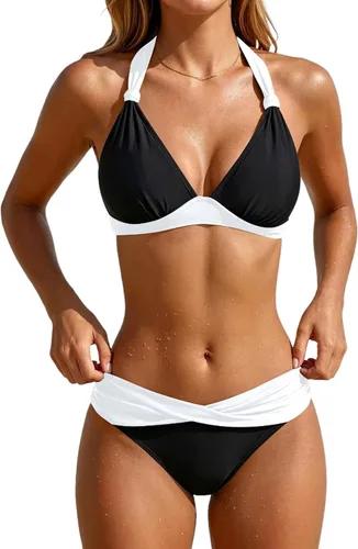 Vista 23 de Yonique Traje de baño de dos piezas para mujer, conjunto de bikini push up, traje de baño halter, traje de baño vintage Verde Aqua